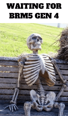 a skeleton is sitting on a wooden bench with the words waiting for brm5 gen 4