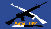 a logo for mafia opp with two guns and a knife on a blue background