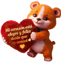 a teddy bear holding a heart that says " mi corazon esta alegre y feliz "