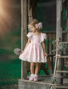 a little girl in a pink dress is standing on a wooden porch holding a bouquet of baby 's breath .