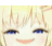 a close up of a anime girl 's face with blonde hair and blue eyes .