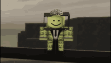 a yellow roblox character with a smiley face and a popcorn hat