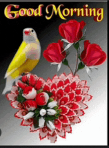 a bird is sitting on a heart shaped bouquet of red roses .