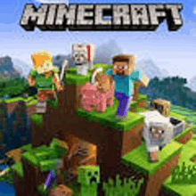 a poster for a video game called minecraft with a bunch of characters on a cliff .