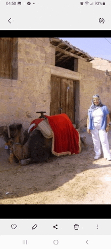 a woman standing next to a camel with a red blanket