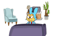 a cartoon character is sitting on a couch looking at something