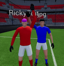 two soccer players are giving each other a high five in front of a sign that says ricky