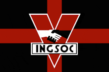 a black and red flag with ingsoc written in white