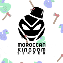 a logo for moroccan kingdom server with a helmet and axes on a white background