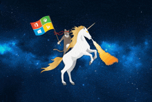 a cat is riding on the back of a unicorn holding a flag with windows icons on it