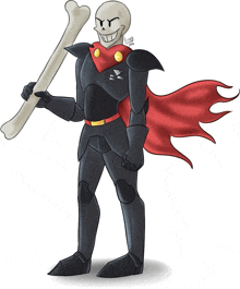 a drawing of a skeleton with a red cape holding a large bone