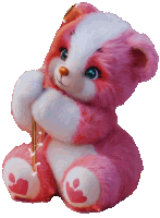 a pink and white teddy bear is holding a pencil