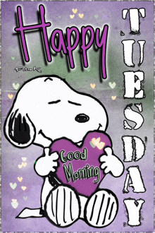 a cartoon of snoopy holding a purple heart with the words happy tuesday