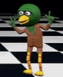 a green duck mascot is standing on a checkered floor giving the middle finger