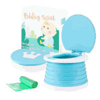 a blue folding toilet with a baby on the box