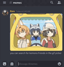 a screenshot of a discord chat with a picture of three anime characters in a car