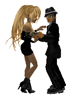 a man in a suit and a woman in a dress are dancing together