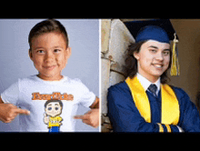 a young boy wearing a t-shirt that says frankie and a young man wearing a graduation cap and gown