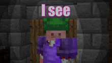 a minecraft character wearing a green hat and purple armor says " i see "