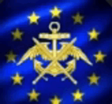 a blue flag with gold stars and an anchor and crossed swords