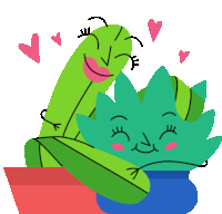 a cartoon illustration of two green plants hugging each other with hearts around them