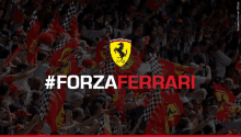 a crowd of people holding ferrari flags with #forzaferrari written in red