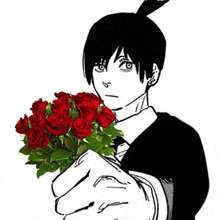 a black and white drawing of a man holding a bouquet of red roses in his hand .