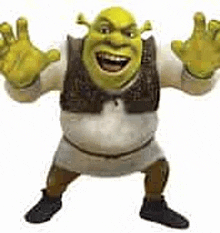 shrek from shrek is smiling and waving his hands .