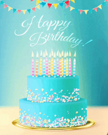 a blue birthday cake with candles and sprinkles and the words happy birthday