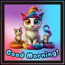 a picture of a cat with a rainbow hat and the words good morning