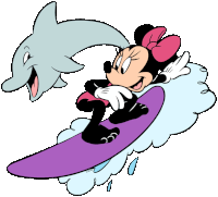 a cartoon of minnie mouse riding a surfboard next to a smiling dolphin