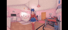 a girl in a blue hat is standing in a pink room .