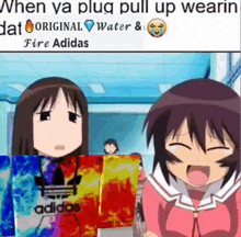 a couple of anime girls are standing next to each other holding a pair of adidas shoes .