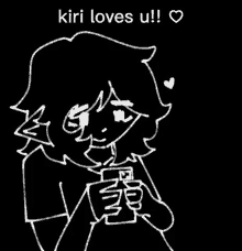 a black and white drawing of a person with the words " kiri loves u " on the bottom