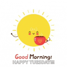 a cartoon sun is holding a cup of coffee and saying good morning .