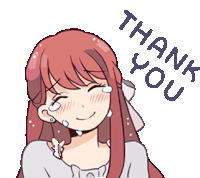 a girl with long red hair is smiling and crying with the words thank you above her