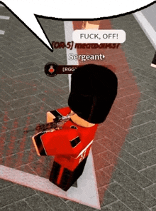 a cartoon character in a red uniform is holding a gun and talking to another character .