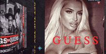 a poster for guess shows a blonde woman