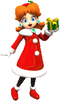 a girl in a santa outfit is holding a green gift box