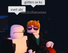 two roblox characters are sitting next to each other and one of them is wearing sunglasses