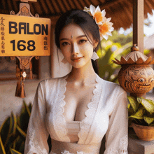 a woman in a white dress is standing in front of a sign that says balon 168