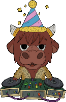 a bull wearing a party hat is playing music