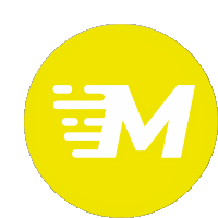 a yellow circle with a white letter m inside