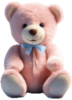 a pink teddy bear with a blue bow is sitting on a white background