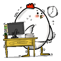 a cartoon of a chicken sitting at a desk with a computer and a clock behind it