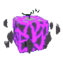 a purple and black cube with a green stem on top .