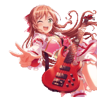 a girl in a pink dress is holding a red guitar and giving the peace sign