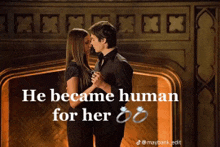 a man and a woman are dancing with the caption he became human for her