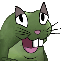 a cartoon drawing of a green cat with a pink nose