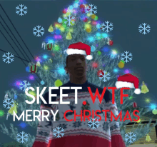 a man wearing a santa hat is standing in front of a christmas tree with the words skeet wtf merry christmas